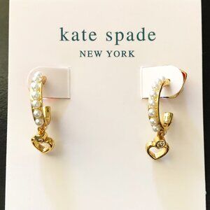 Kate Spade Pearl Heart Rhinestones Hoop Dangle Earrings